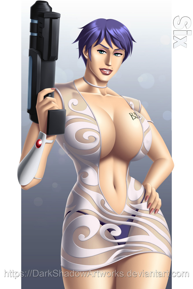 1girls beauty_mark blue_eyes blue_hair blue_panties breasts cleavage dress gun hand_on_hip holding huge_breasts lips looking_at_viewer mole_above_mouth nails navel painted_nails panties revealing_clothes see-through short_hair six_(tripping_the_rift) smile tattoo thedarkness thighs tripping_the_rift weapon