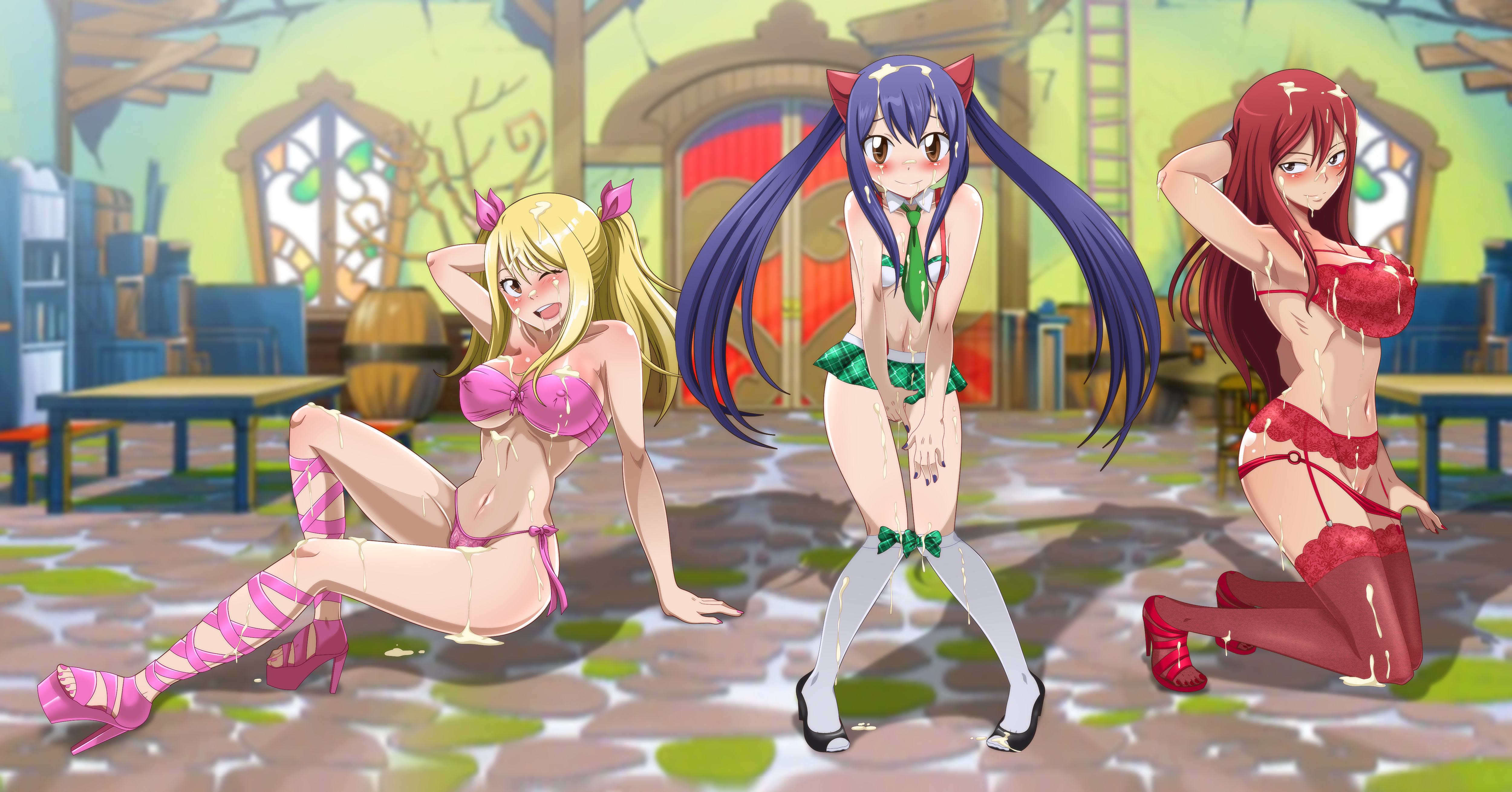 3girls, blonde hair, blonde-haired female, blue hair, blue-haired female, bra, breasts, brown eyes, clothing, cum, cum on body, erza scarlet, fairy tail, female, fingering, high heels, highres, large breasts, lingerie, lucy heartfilia, nail polish, naked, oppai, panties, pose, queen-zelda, red hair, red-haired female, schoolgirl, small breasts, tie, wendy marvell