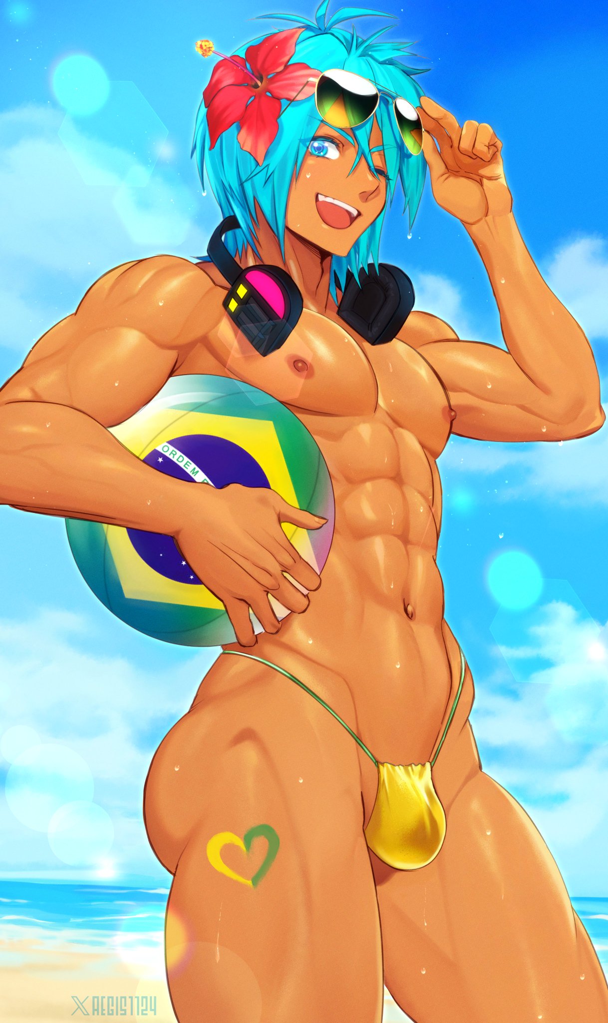 1boy abs aegis1124 beach brazil brazilian brazilian_male brazilian_miku bulge femboy feminine_male flower flower_in_hair genderswap_(ftm) hatsune_miku headphones headphones_around_neck latin_american_hatsune_miku_(meme) looking_at_viewer male male_focus male_only mikuo_hatsune muscular muscular_femboy muscular_male pecs rule63 rule_63 solo solo_male tan_body tanned tanned_male thong thong_bikini vocaloid