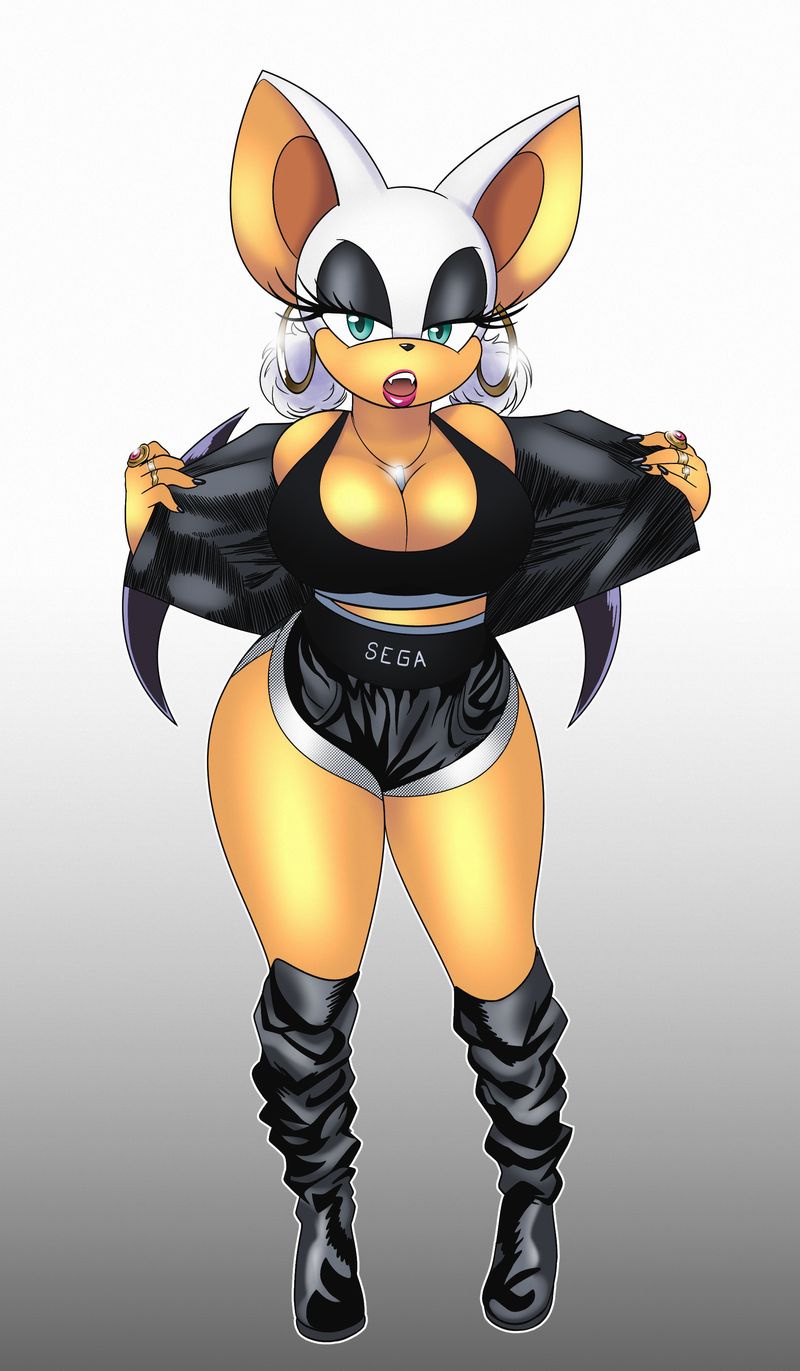 1girls, animal ears, anthro, bat wings, boots, breasts, cleavage, earrings, fangs, female, female only, furry, gym shorts, jewelry, large breasts, lipstick, makeup, mascara, necklace, omegasunburst, open mouth, rings, rouge the bat, sega, shorts, sonic (series), tank top, wings