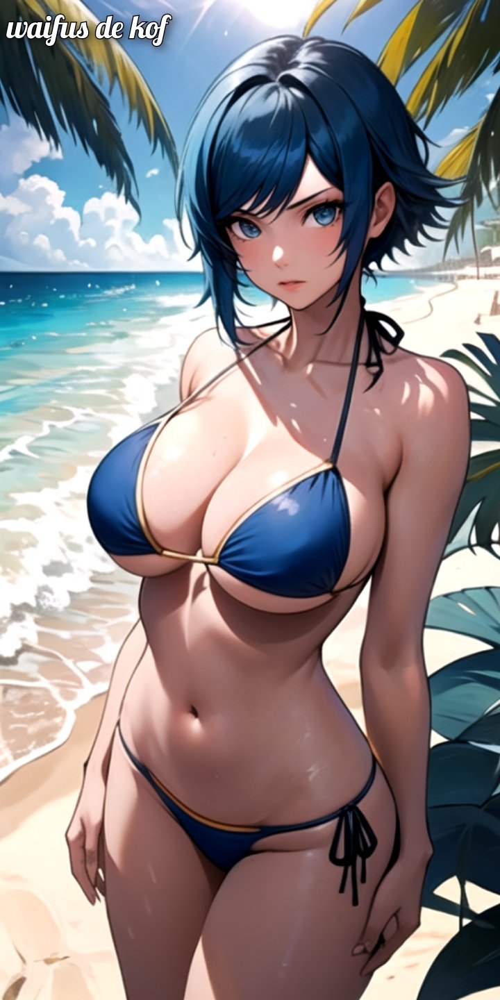 ai_generated beach big_breasts bikini blue_bikini blush clouds elisabeth_blanctorche female king_of_fighters light-skinned_female light_skin outdoors outside pale_skin plants sand sea seaside skinny_waist water