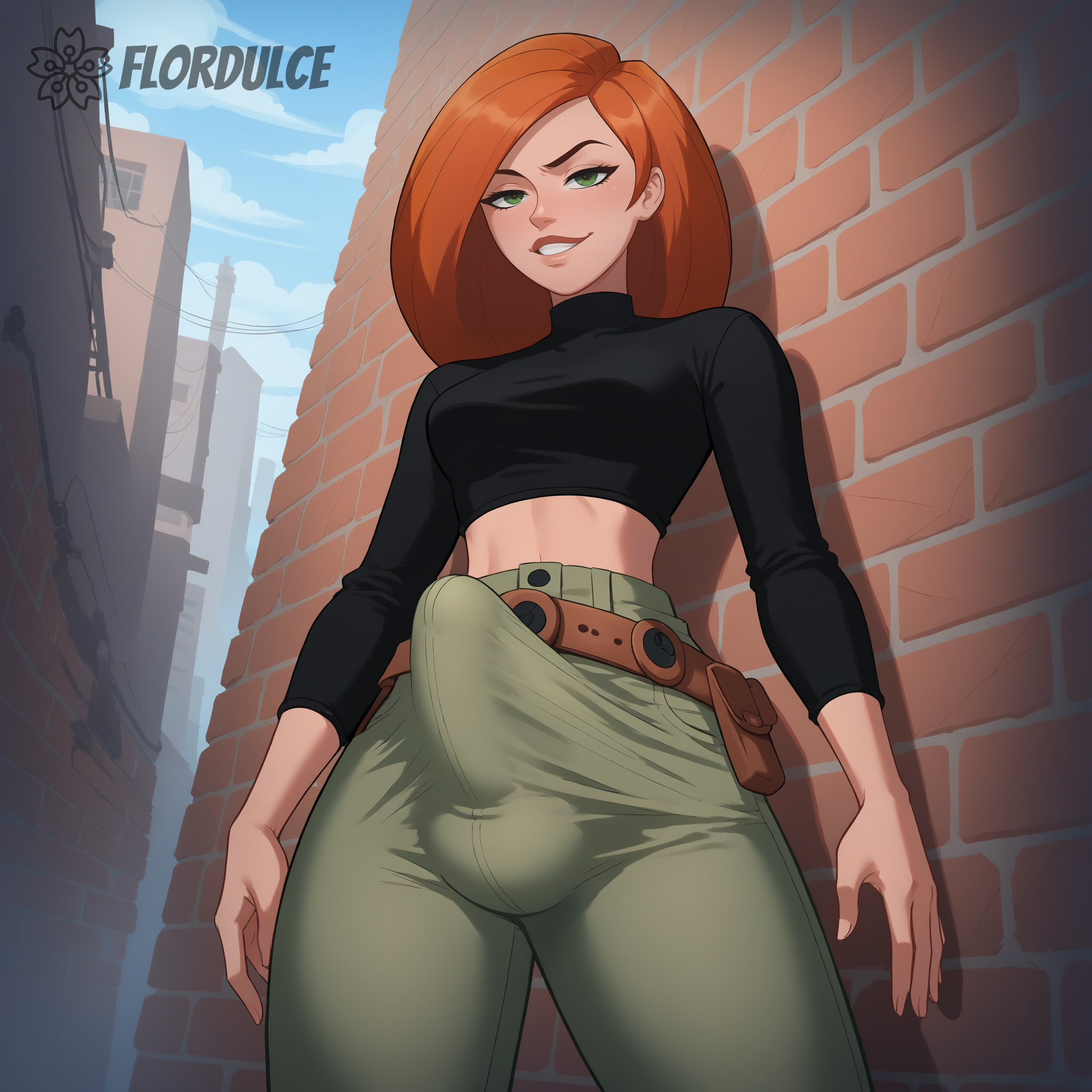 1futa, ai generated, alley, belt, bulge, covered penis, crop top, erect penis, erection, erection under clothes, erection under clothing, flordulce, futa only, futa sans pussy, futanari, green eyes, huge cock, intersex, kim possible, kimberly ann possible, long hair, midriff, orange hair, outdoors, pants, penis, seductive, seductive look, seductive smile, solo futa, standing, turtleneck