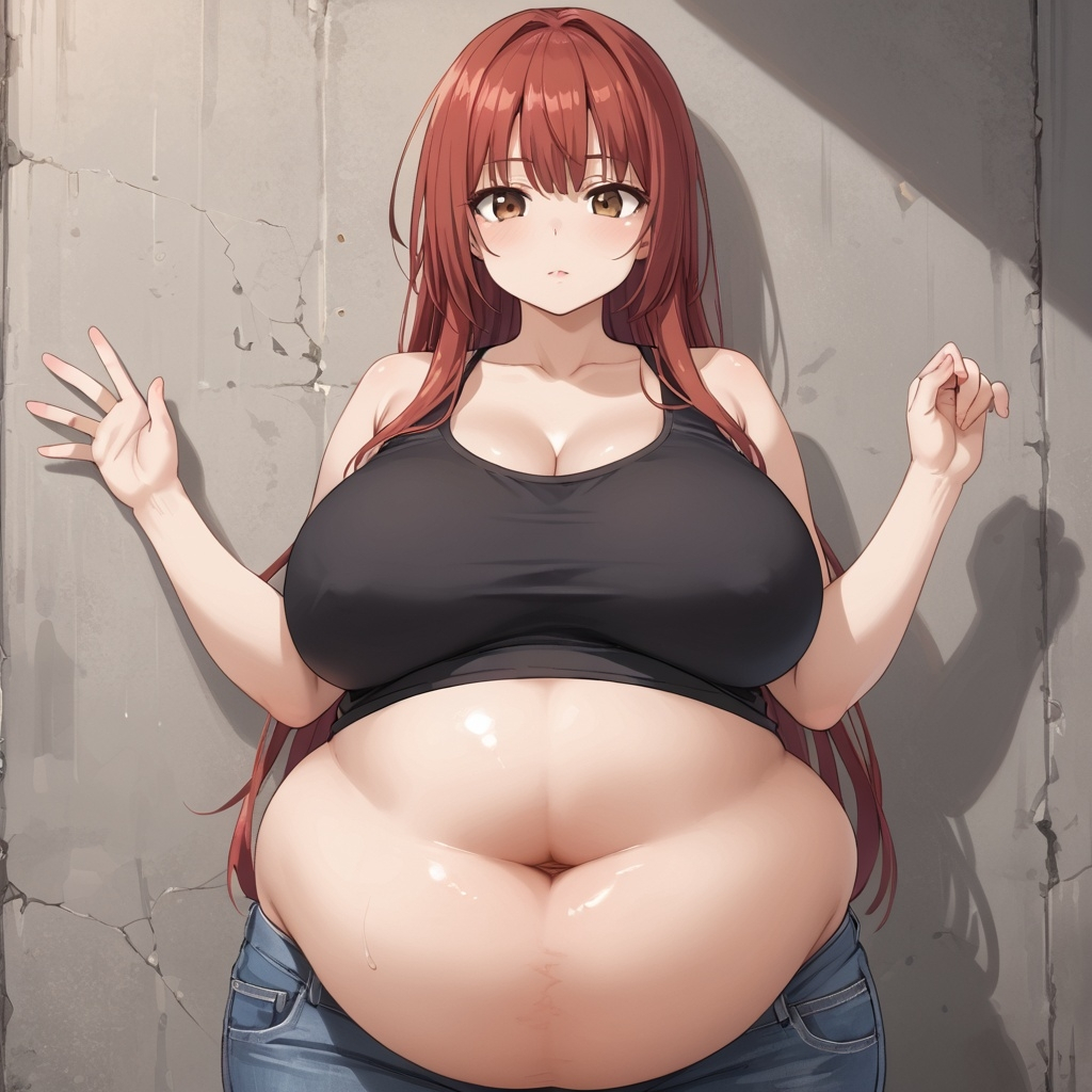 ai_generated belly_button belly_expansion belly_inflation brown_eyes fat overweight red_hair