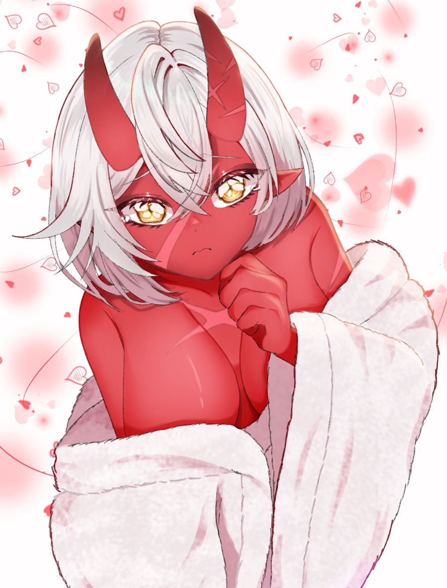 akumi big_breasts female horns oni oni_horns red_skin scars virtual_youtuber vyugen white_hair yellow_eyes