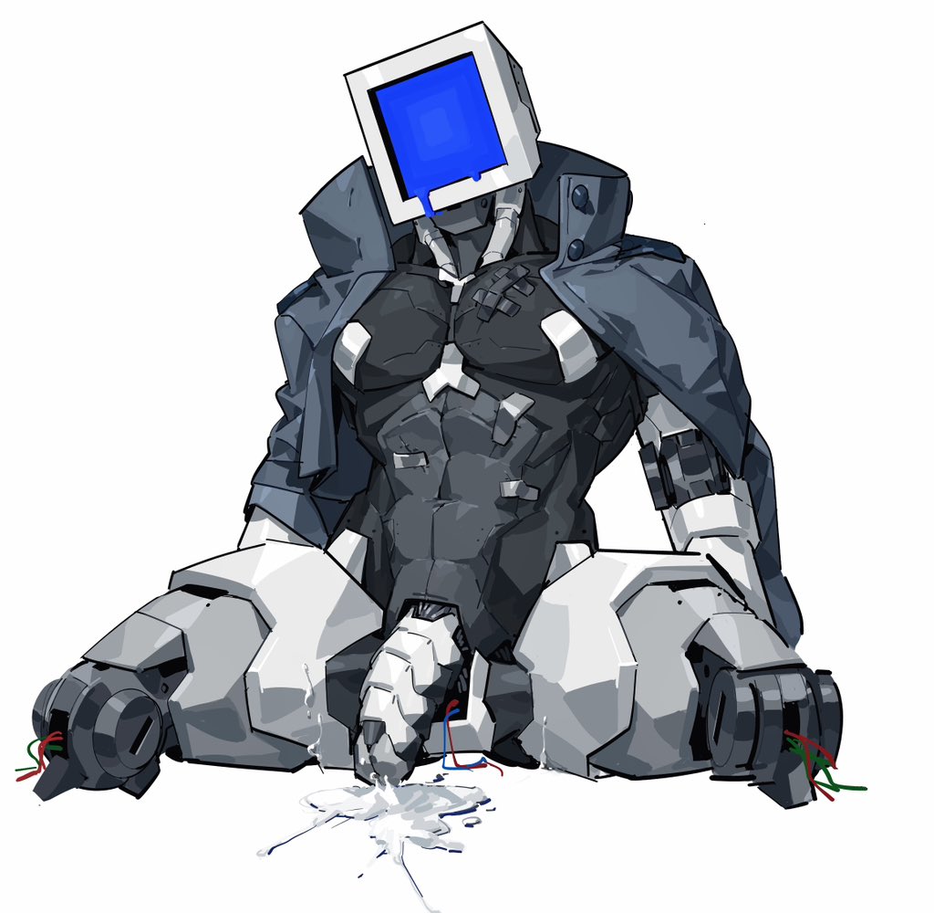 1boy abs amputee blue_screen cum double_amputee humanoid_genitalia jacket jacket_open legless_amputee male_focus muscular no_humans non-human non-human_only original original_character pectorals penis pipebomb_(cracker68659106) robot robot_humanoid screen_face solo white_background wire