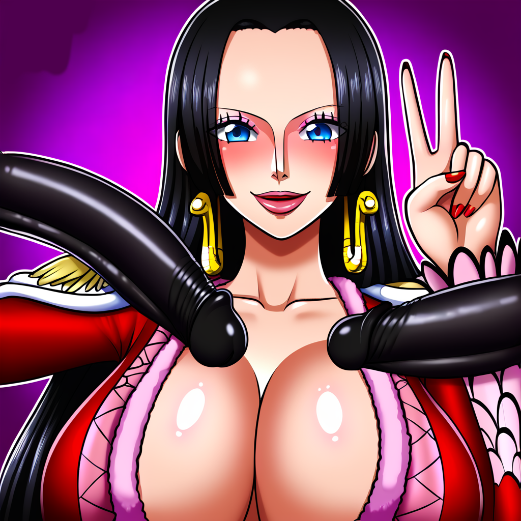 a_ibooba ai_generated big_breasts black_penis boa_hancock cock_worship female huge_breasts large_breasts male one_piece peace_sign surrounded_by_penises