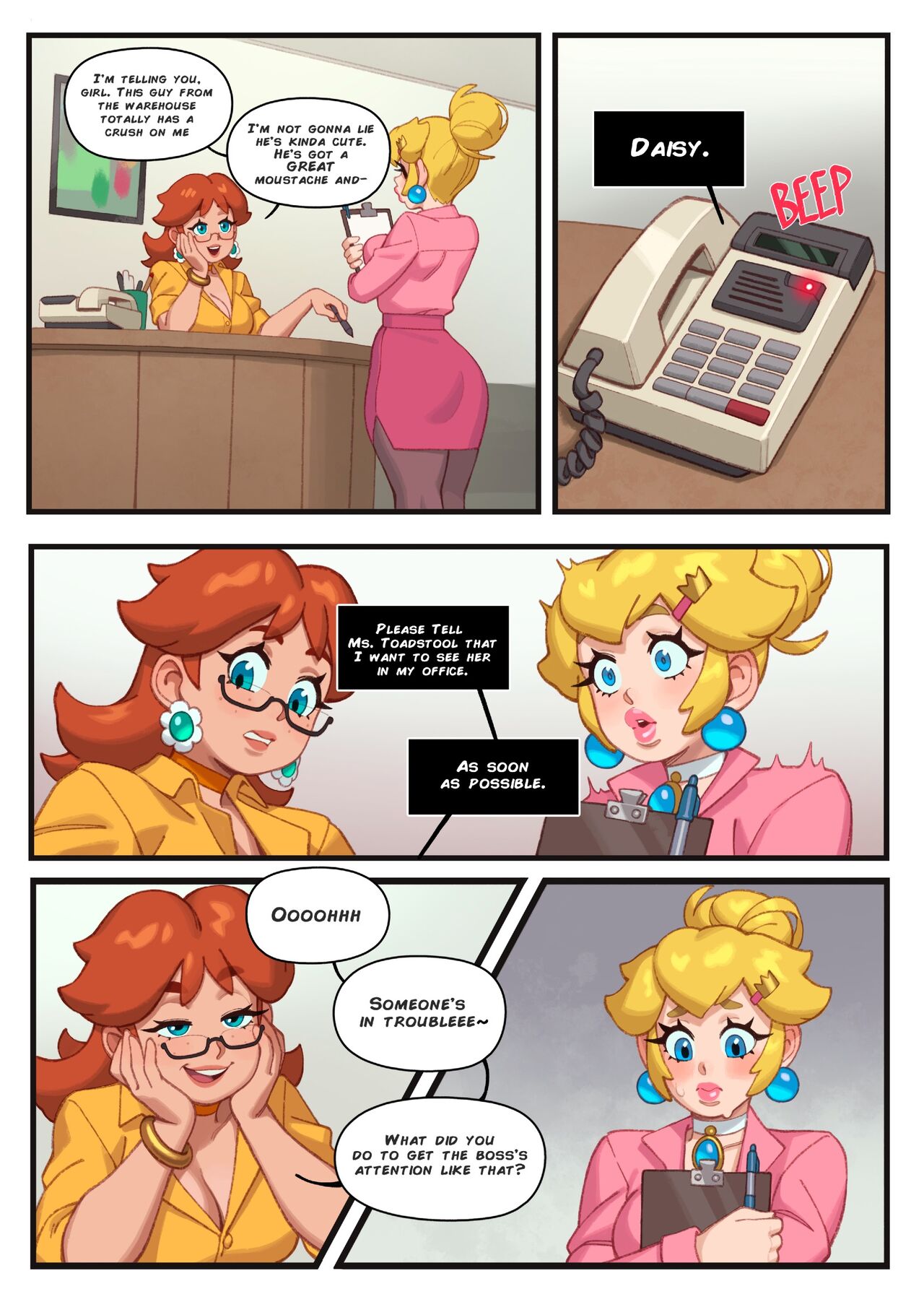 2girls, alternate costume, ass, back view, blonde hair, blue eyes, blush, blushing, breasts, cleavage, clothed, clothed female, clothing, comic, curvaceous, desk, dialogue, duo, earrings, embarrassed, english text, eyewear, female, female only, freckles, freckles on face, from behind, front view, fully clothed, glasses, hair, hair bun, hi res, human, human only, legs together, light skin, light-skinned female, lipstick, long hair, mario (series), medium breasts, nintendo, office, office clothing, office lady, pantyhose, pink lipstick, princess daisy, princess peach, rear view, red hair, redhead, rizdraws, skirt, smile, smiling, smirk, speech bubble, standing, talking, teasing, text, thighs