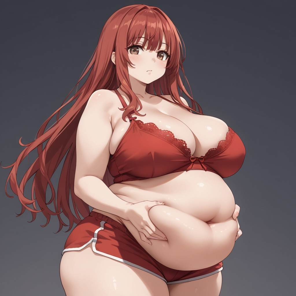 ai_generated belly_button belly_expansion belly_inflation big_belly big_thighs brown_eyes fat overweight red_bikini red_hair red_shorts self_upload