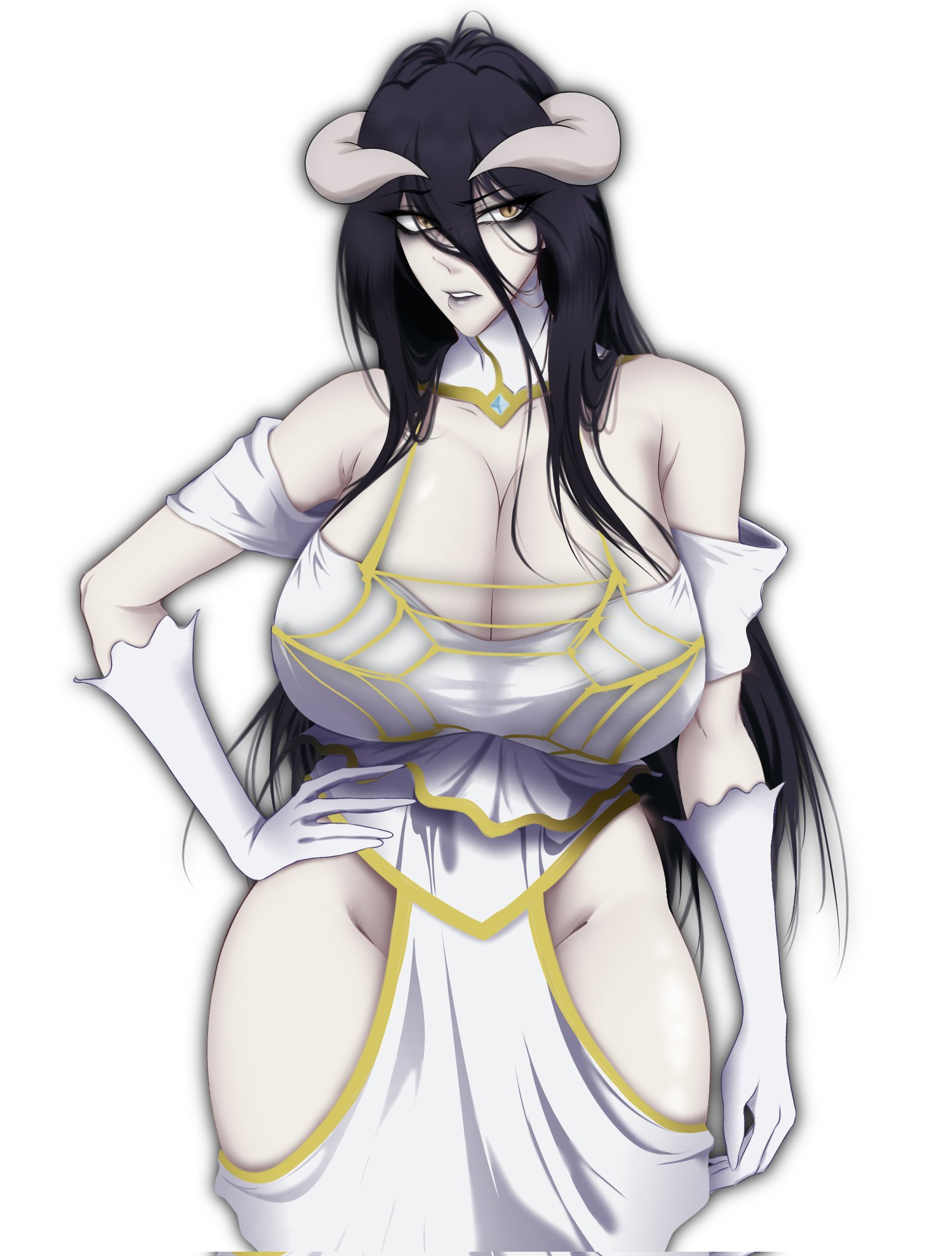 1girls, albedo (overlord), alternate version available, big breasts, black hair, breasts, breasts bigger than head, clothing, curvaceous, curvy, curvy figure, demon, demon girl, demon horns, dress, female, female only, gloves, hand on hip, horns, huge breasts, ibimsjackyyy, long hair, mostly clothed, overlord (maruyama), slit pupils, solo, solo female, succubus, succubus horns, tagme, thick thighs, voluptuous, voluptuous female, yellow eyes