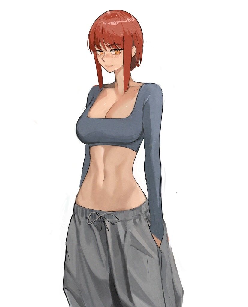 bangs blue_topwear chainsaw_man cleavage crop_top cuaaaaack grey_pants hands_in_pockets light-skinned_female light_skin makima_(chainsaw_man) midriff red_hair short_hair sweatpants tefiblum white_background yellow_eyes