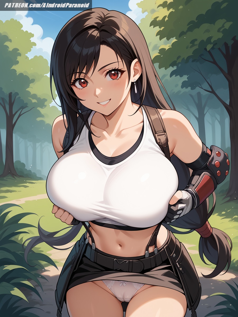 ai generated, aindroidparanoid, big breasts, black hair, breasts, busty, cameltoe, curvy, female, final fantasy, final fantasy vii, final fantasy vii remake, forest, gigantic breasts, huge breasts, long hair, massive breasts, nipples, outdoors, panties, pussy, red eyes, squeezing breast, stable diffusion, straight hair, tifa lockhart, voluptuous, white panties