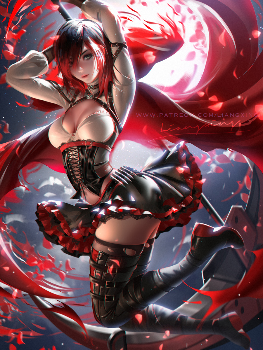 1girls, 2019, ass, black hair, boots, breasts, cleavage, clothed, clothing, corset, crescent rose, eyebrows, eyelashes, female, female only, footwear, hair, human, human only, legwear, liang xing, moon, multicolored hair, night, pinup, red hair, ruby rose, rwby, scythe, shoes, shounen jump, sketch, solo, thick thighs, thigh boots, thighhighs, weapon, wide hips
