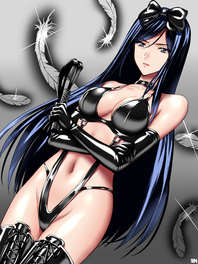 1girls, bdsm, black hair, blue eyes, bodysuit, bondage outfit, cleavage, dark blue hair, dominatrix, elbow gloves, female, female only, femdom, gloves, green eyes, hair ornament, kurihara mari (prison school), latex, latex suit, leotard, long gloves, long hair, looking at viewer, looking down, mistress, prison school, sen (sansui), shiny clothes, skinny, thighhigh boots, tight clothing, viewed from below, whip