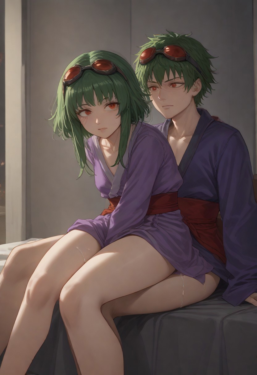 1boy 1girls ai_generated civitai cock_in_ass cum cum_in_pussy female genderswap genderswap_(ftm) genital_fluids goggles_on_head green_hair gumi hetero japanese_clothes male male/female masa_works_design mjdennsfw mv_character oni_to_kitsune_no_hanashi onibi_(vocaloid) purple_kimono red_eyes red_sash rule_63 self_upload selfcest short_hair sitting_on_person the_doll_owner_(onibi_series) vocaloid