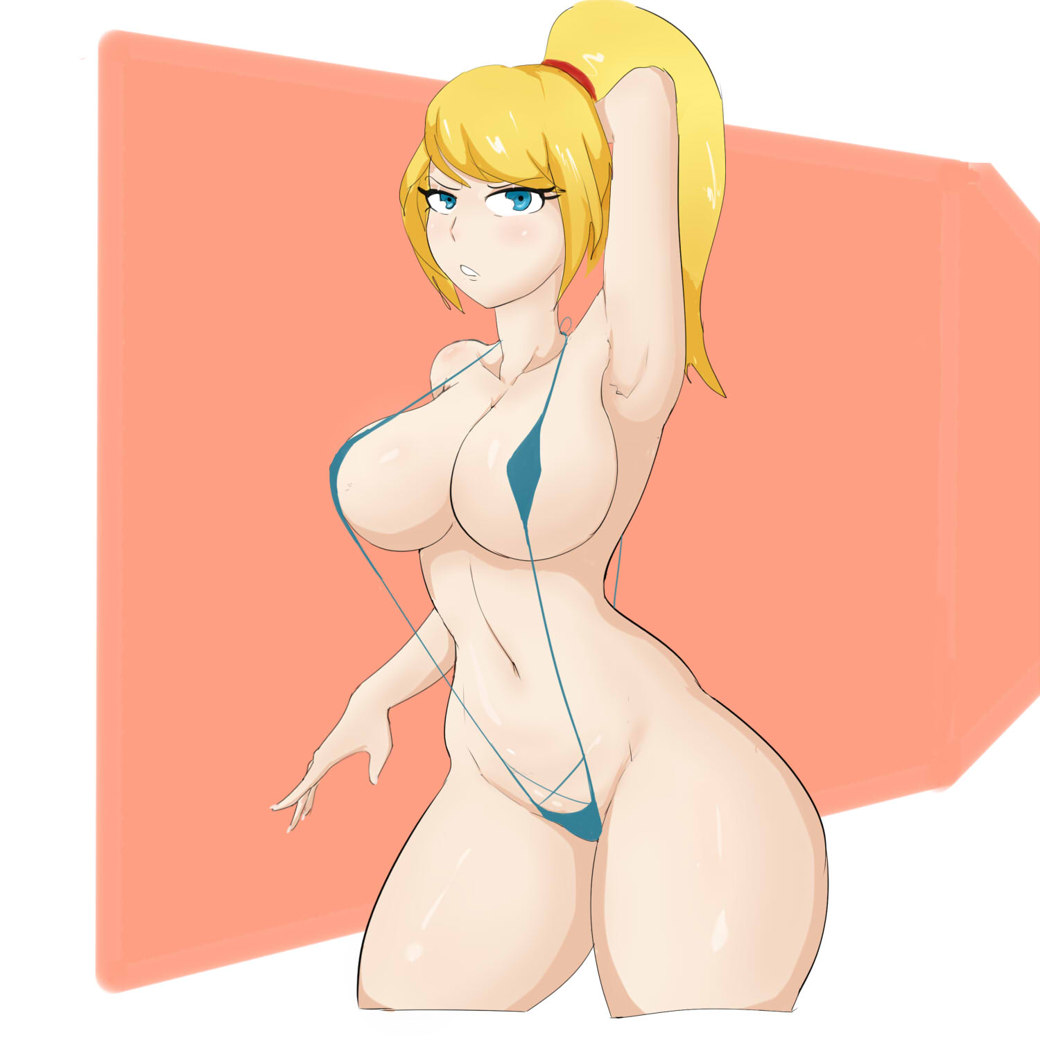 1girls, 2019, 2d, angry, arm behind head, armpit, armpits, arms up, big breasts, bikini, blonde hair, blue eyes, breasts, color, female, female only, g3mma, hair, hairband, light skin, light-skinned female, long hair, looking at viewer, metroid, micro bikini, navel, nintendo, open mouth, pale skin, pale-skinned female, ponytail, samus aran, simple background, solo, solo focus, thick thighs, wide hips