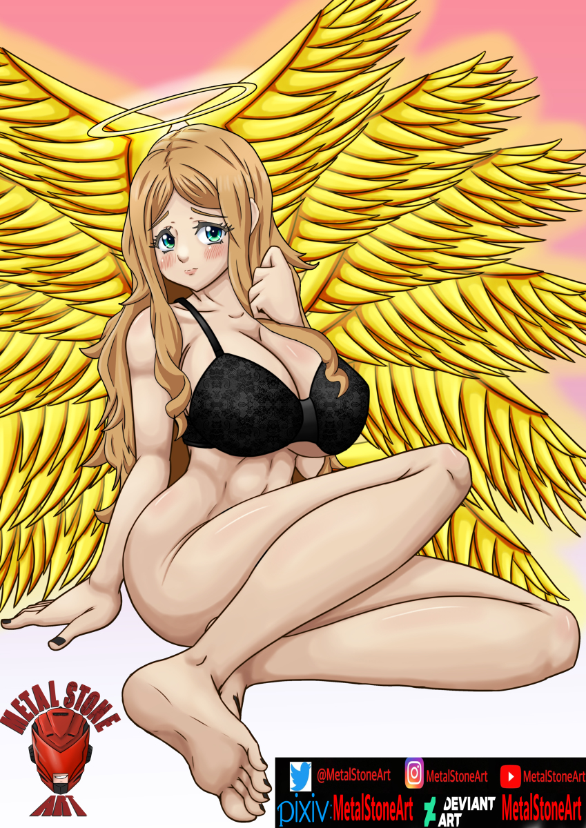 angel angel_girl angel_wings artist_logo artist_name bare_shoulders barefoot blush bottomless_female brown_hair gabriel_(high_school_dxd) halo high_school_dxd large_breasts light_green_eyes long_hair looking_at_viewer metalstoneart no_underwear toes two_tone_background yellow_wings