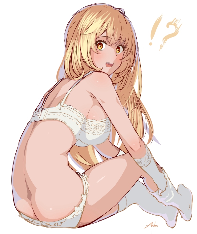 !? 1girls anho ass blonde_hair bra breasts butt_crack detached_sleeves female frilled_bra frilled_panties frilled_underwear frills from_behind hair_between_eyes large_breasts long_hair looking_at_viewer looking_back panties shokuhou_misaki sideboob signature simple_background sitting solo teenage_girl teenager thighhighs to_aru_kagaku_no_railgun to_aru_majutsu_no_index underwear undressing white_bra white_panties white_thighhighs young