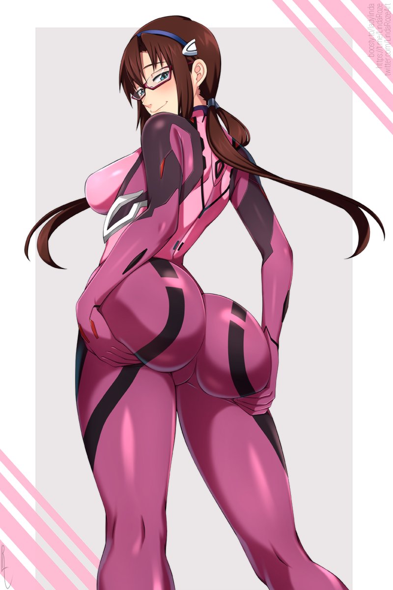 1girls artist_request ass ass_grab big_ass big_breasts blush bodysuit breasts brown_hair bubble_butt clothed curvy dat_ass female glasses grabbing_ass huge_ass human interface_headset large_breasts light-skinned_female light_skin long_hair looking_at_viewer mari_illustrious_makinami neon_genesis_evangelion pilot_suit plugsuit presenting rebuild_of_evangelion skin_tight smile solo thick_thighs wide_hips