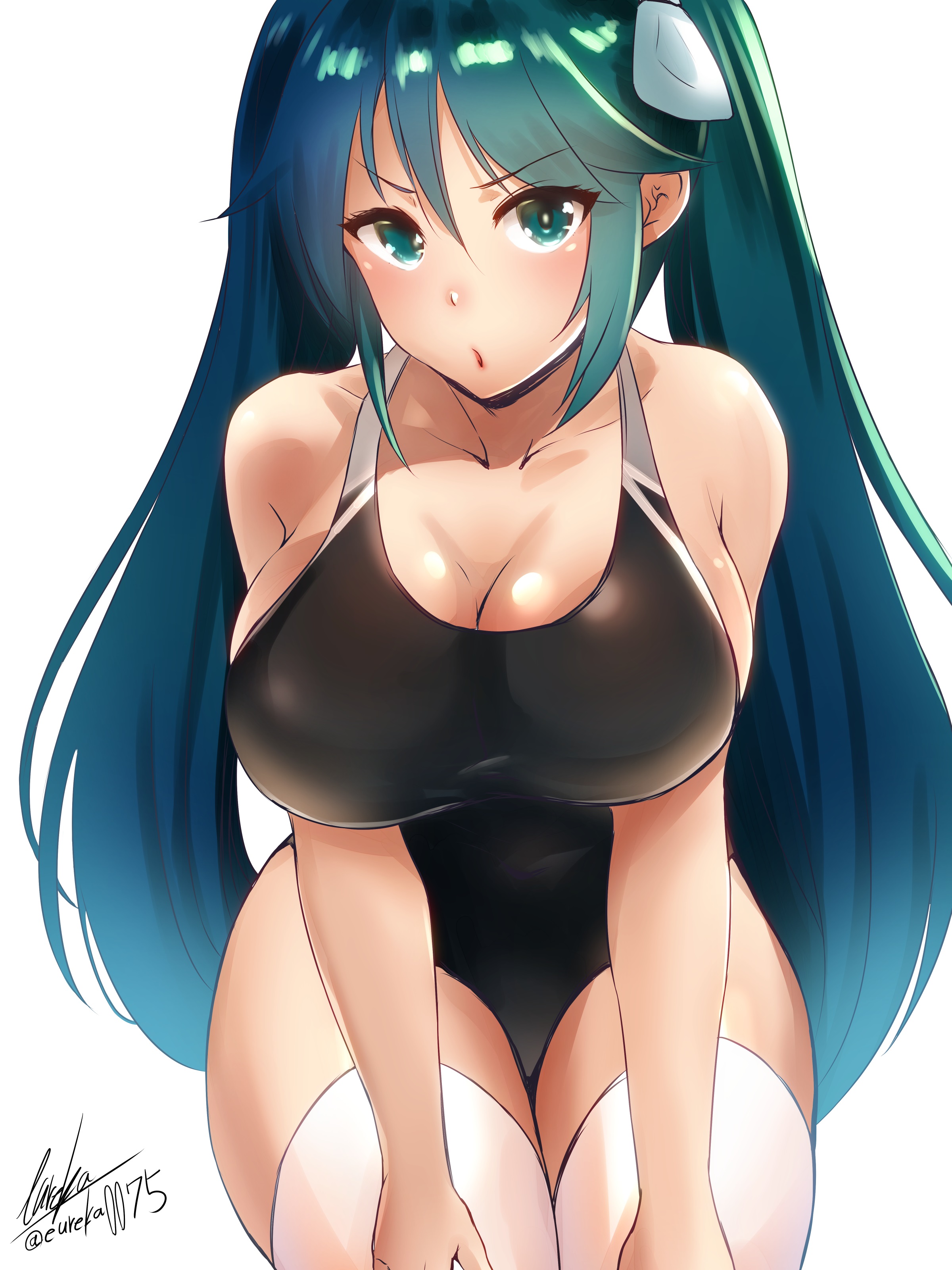 1girls, aqua eyes, aqua hair, blue hair, blush, breasts, cleavage, competition swimsuit, female, hair between eyes, hair ribbon, huge breasts, isuzu (kantai collection), kantai collection, leaning forward, long hair, looking at viewer, multicolored hair, one-piece swimsuit, open mouth, pout, ribbon, simple background, swimsuit, thighhighs, twintails, white background, white legwear