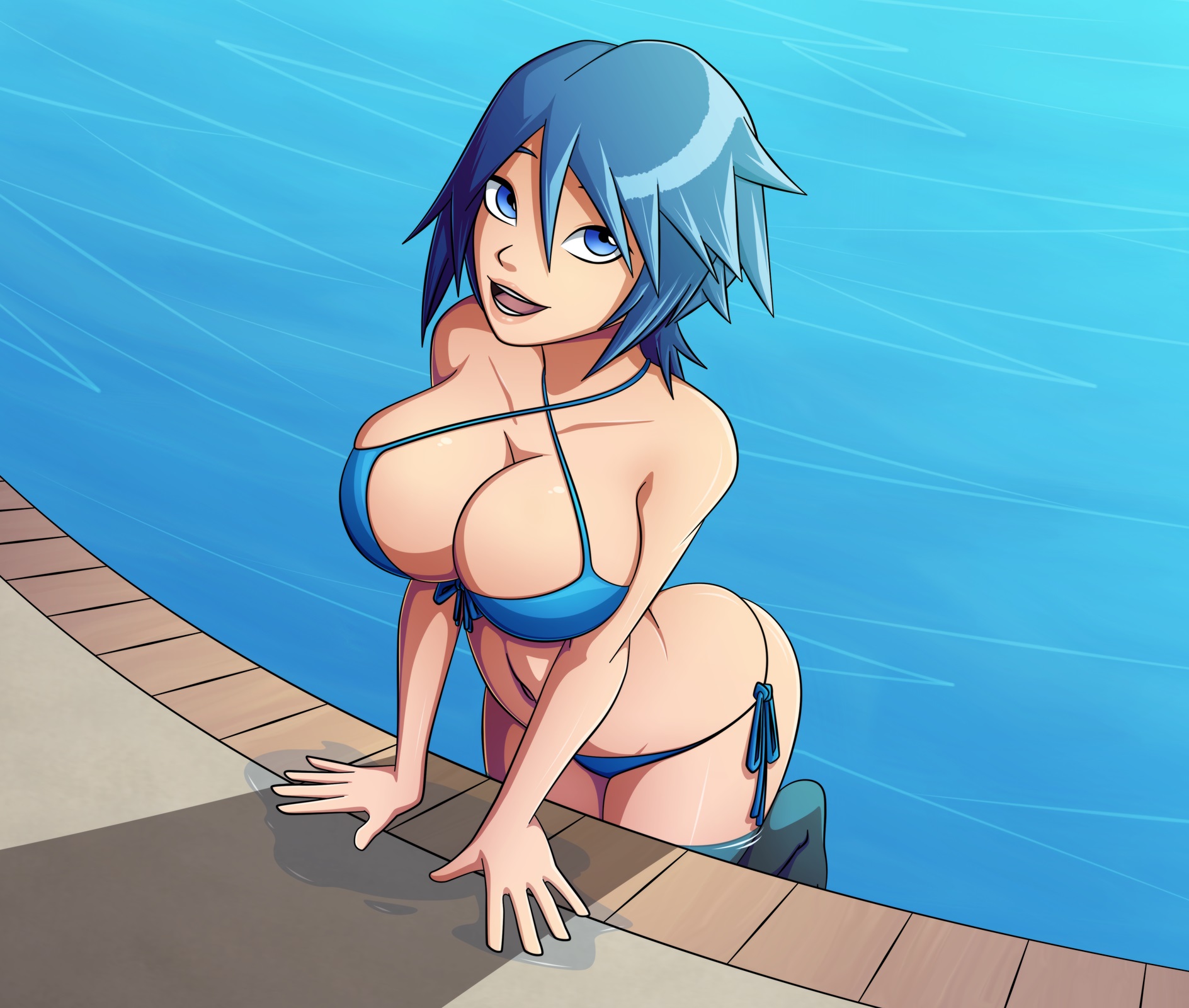 1girls, aqua (kingdom hearts), arm support, ass, bangs, bikini, blue bikini, blue eyes, blue hair, blue-haired female, breasts, cleavage, disney, female, hair between eyes, kingdom hearts, large breasts, looking at viewer, looking up, navel, open mouth, pool, ravenravenraven, short hair, side-tie bikini, square enix, thighs, water