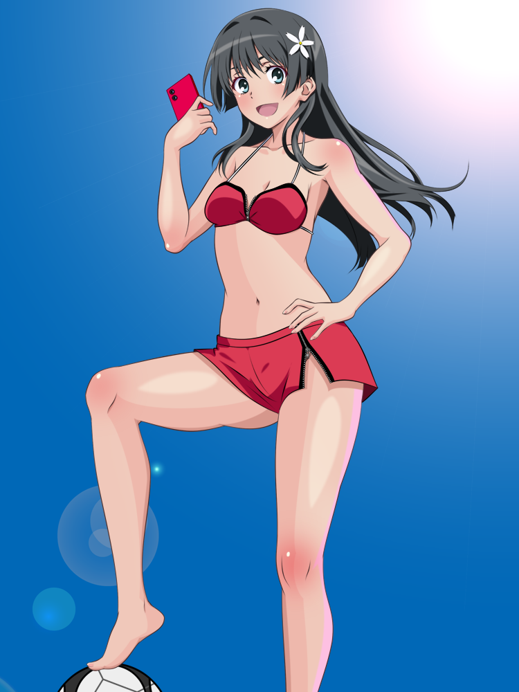 1girls ball bikini bikini_shorts black_hair blue_eyes blue_sky breasts cellphone female flower green_eyes hair_flower hair_ornament hand_on_own_hip lens_flare long_hair maruze_circus phone red_bikini red_shorts saten_ruiko shorts sky small_breasts smile solo sun swimsuit to_aru_kagaku_no_railgun to_aru_majutsu_no_index