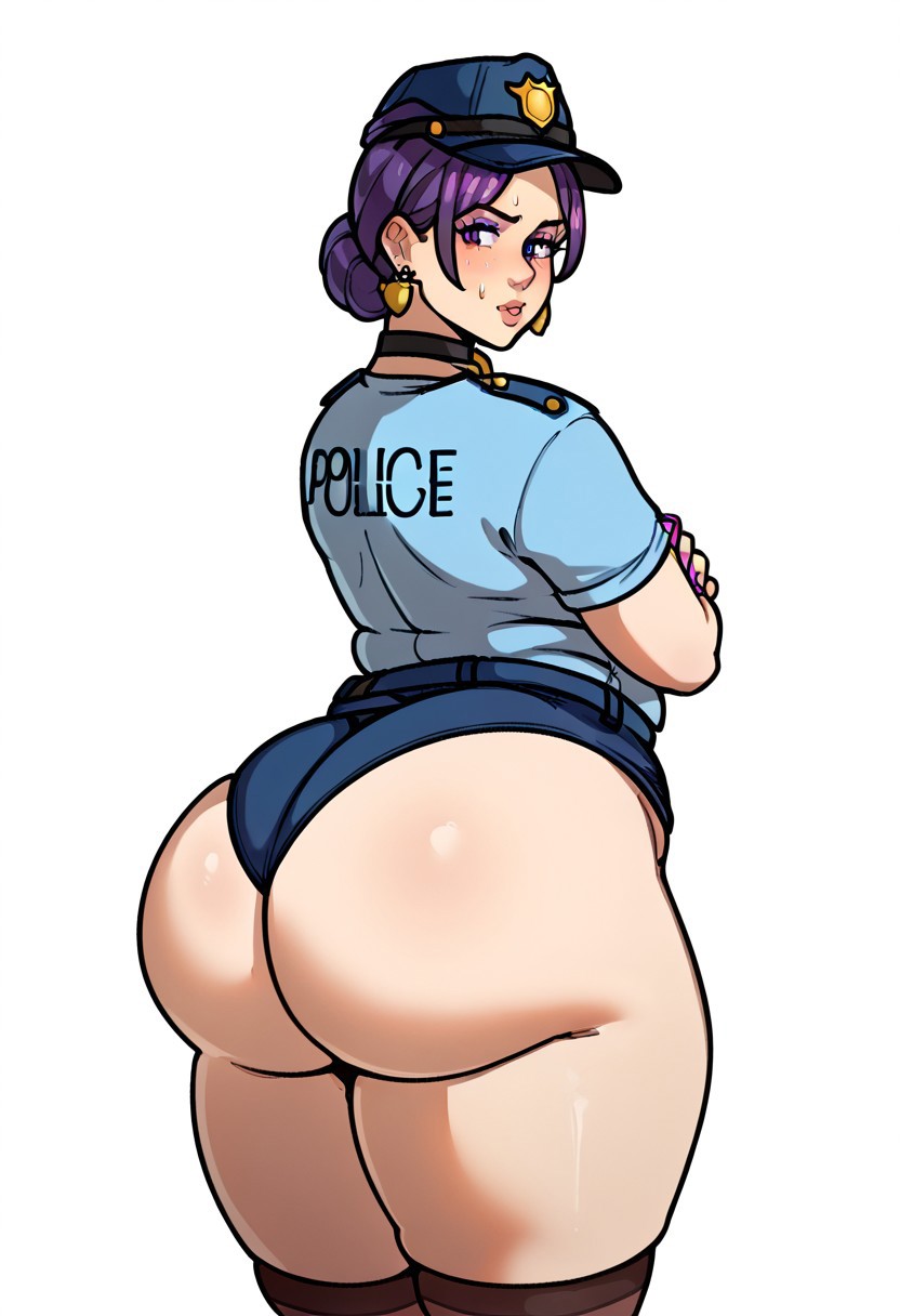 ai_generated ass_bigger_than_head ass_bigger_than_torso ass_dough bbw bbw_mom bottom_heavy bubble_butt caked_up cosplay dat_ass dumptruck_ass dumptruck_butt earrings edit eyeshadow fat_ass fat_thighs hi_res huge lard_ass massive_ass plump_ass police police_hat police_uniform policewoman purple_eyes purple_hair skimpy_shorts small_shorts thick thick_ass thick_butt thighs wide_hips