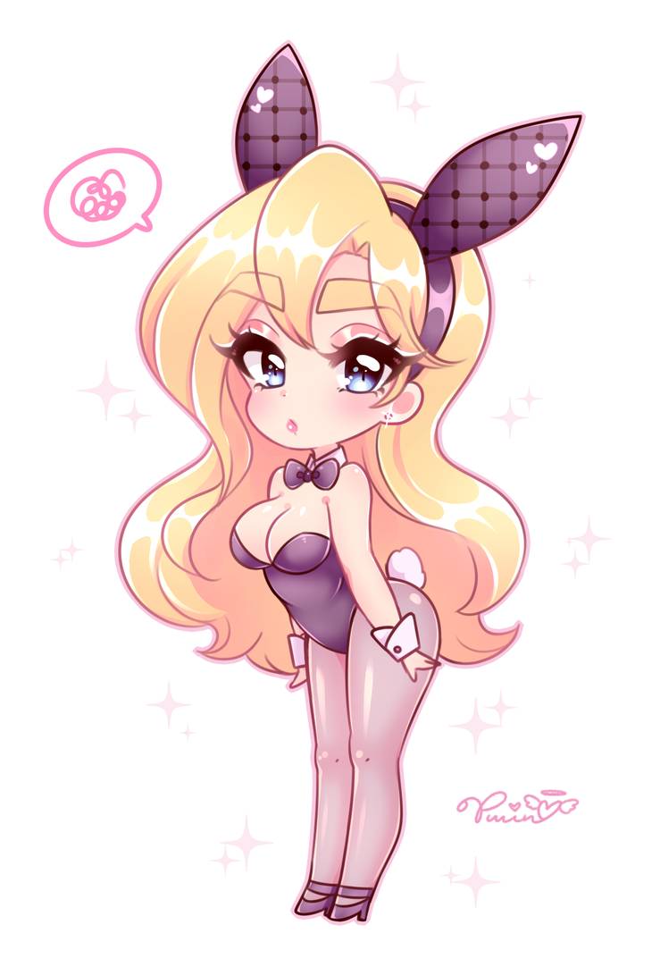 annoyed blonde blonde_hair blue_eyes bunny_ears bunny_girl bunny_tail bunnysuit chibi cute female original_character peachpurin solo tagme