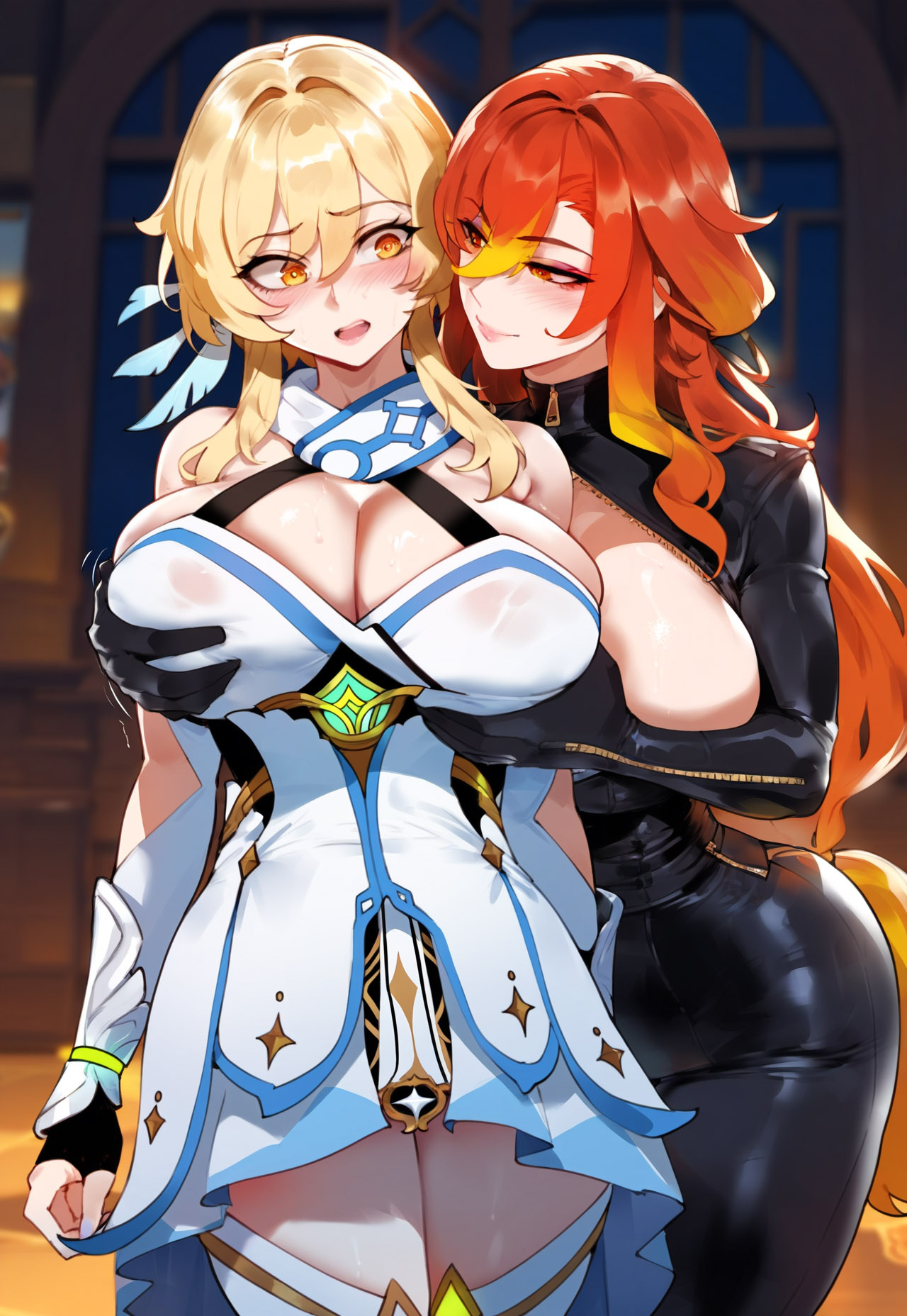 2girls, ai generated, blonde hair, blush, breast grab, breasts, cleavage, dress, eyepatch, female, genshin impact, gloves, grabbing, grabbing from behind, large breasts, long hair, lumine (genshin impact), mavuika (genshin impact), multiple females, multiple girls, open mouth, orange eyes, orange hair, smile, thighhighs, yellow eyes, yuri