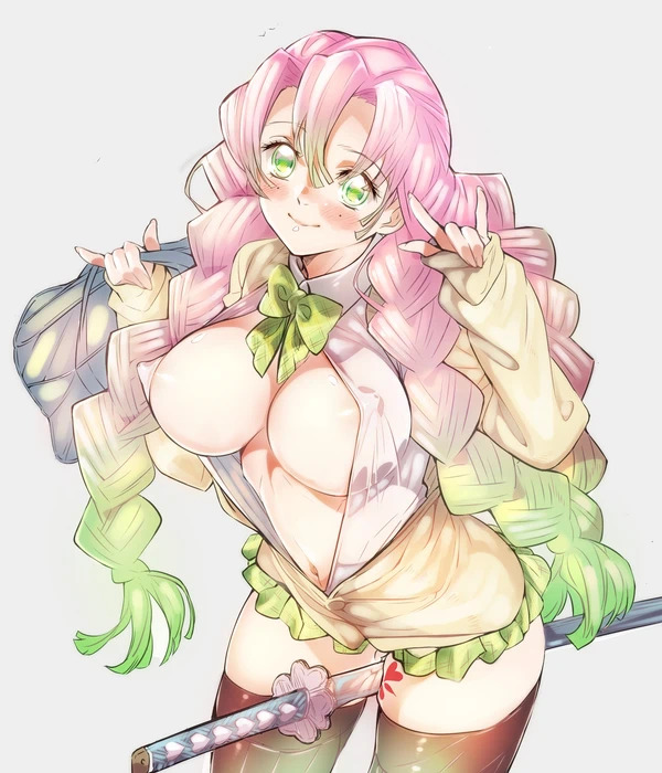 alternate_costume areola_slip big_breasts blush braided_hair breasts covered_nipples demon_slayer female female_only green_eyes hanging_breasts human kanroji_mitsuri katana kimetsu_no_yaiba large_breasts looking_at_viewer miniskirt niko_(tama) nipples no_bra open_clothes open_shirt pink_hair school_uniform schoolgirl skirt smile solo sword thighhighs twin_braids two_tone_hair unbuttoned_shirt white_skin