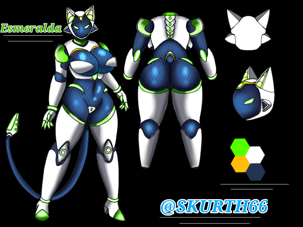 big_breasts big_butt blue_skin cat_ears esmeralda_the_robot green_eyes humanoid_robot oc robot robot_girl skurth66 tail thick_ass thick_thighs