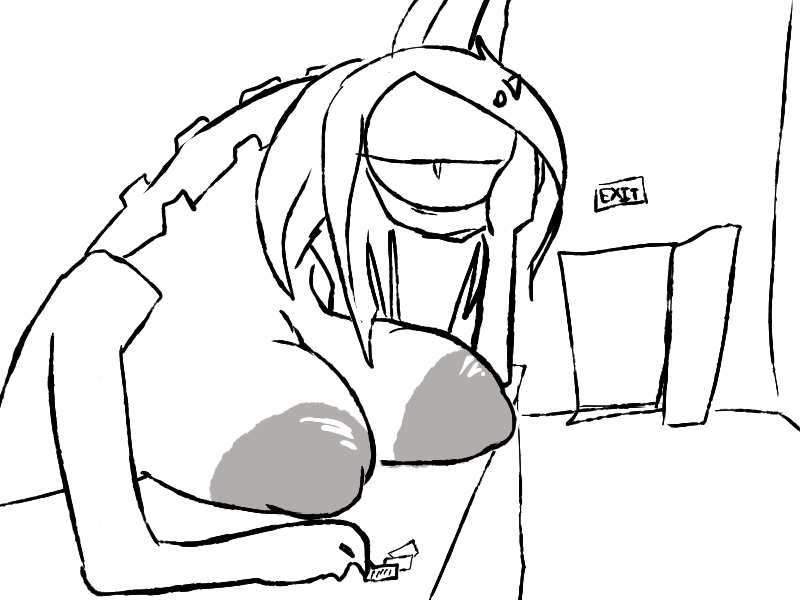 anthro areola big_areola big_breasts big_nipples bored breast_rest breasts cyclops dewbon female hair half-closed_eyes horn long_hair monstro_village narrowed_eyes nipples nude slightly_chubby solo the_weaver