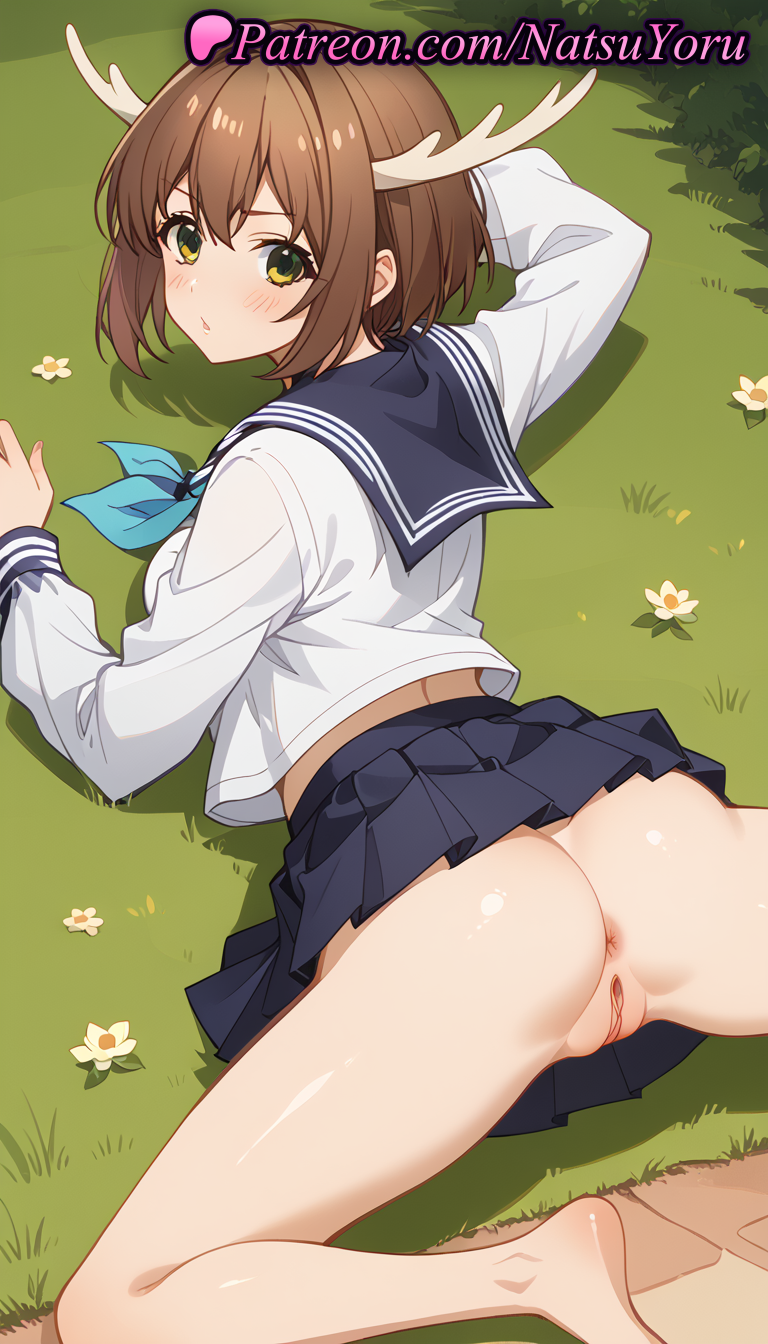 1girls ai_generated anime anime_style antlers anus ass asshole bangs barefoot black_sailor_collar black_skirt blue_neckerchief blue_sailor_collar blue_skirt blush breasts brown_hair bust busty cleft_of_venus closed_mouth deer_antlers deer_girl feet female female_focus female_only flower foot_fetish foot_out_of_frame from_behind grass green_eyes hair_between_eyes hentai horns juicy_butt labia labia_majora legs long_sleeves looking_at_viewer looking_back lying midriff_peek my_deer_friend_nokotan natsuyoru neckerchief no_panties on_ground on_stomach oshiri outdoors paipan pleated_skirt pussy sailor_collar sailor_uniform school_uniform serafuku shikanoko_noko shirt short_hair skirt soles solo solo_female spread_legs thighs toes uncensored vagina voluptuous voluptuous_female white_shirt yellow_eyes