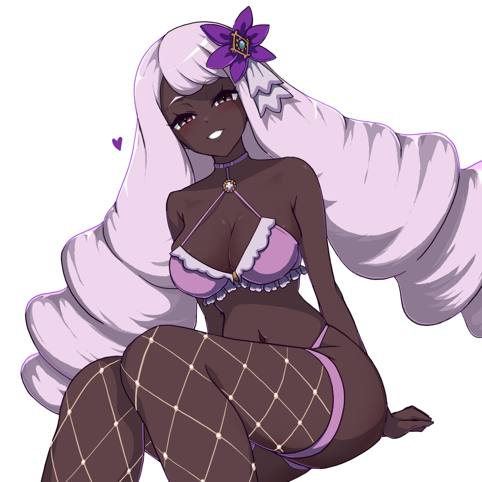 1girls, ass, bikini, breasts, cleavage, dark skin, dark-skinned female, female, female only, fishnet thighhighs, fishnets, frilled bikini, frills, hair ornament, highres, hitofudegaki usagi, jacinthe (pokemon), long hair, looking at viewer, low drills, nintendo, pink bikini, pokemon, pokemon legends: z-a, purple eyes, purple hair, smile, swimsuit, teeth, thighhighs, thighs, very dark skin, white background, yukari (pokemon)
