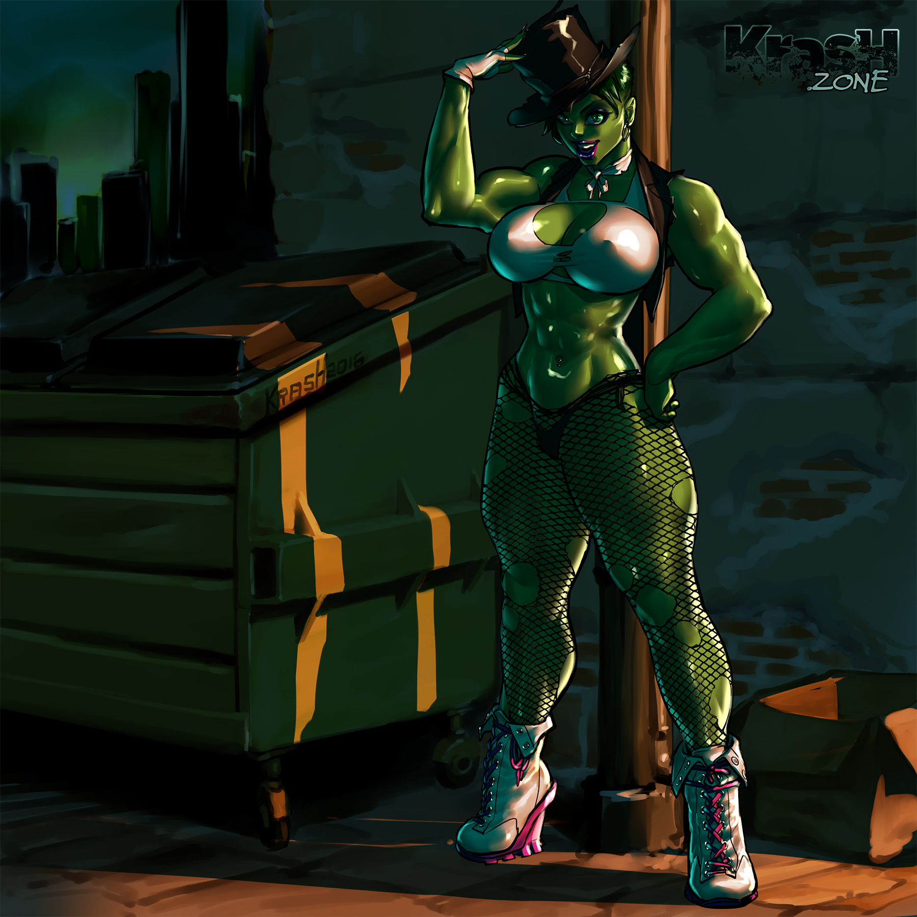 1girls, abs, back alley, biceps, big breasts, breasts, crop top, female, female only, fishnet pantyhose, fishnets, green hair, green skin, hat, hoop earrings, huge breasts, hulk (series), kras, krashzone, large breasts, magician, magician hat, marvel, marvel comics, muscles, muscular, muscular female, navel, navel piercing, panties, pantyhose, she-hulk, sneakers, solo, tagme, thick thighs, thighhighs, thong, wedge heels