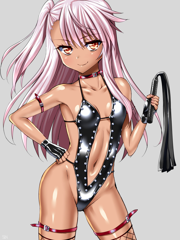 1girls, bdsm, bodysuit, bondage outfit, chloe von einzbern, dark skin, dominatrix, fate (series), fate/grand order, fate/kaleid liner prisma illya, female, female only, fingerless gloves, gloves, latex, latex suit, leotard, mistress, sen (sansui), shiny clothes, smile, solo, tight clothing, whip