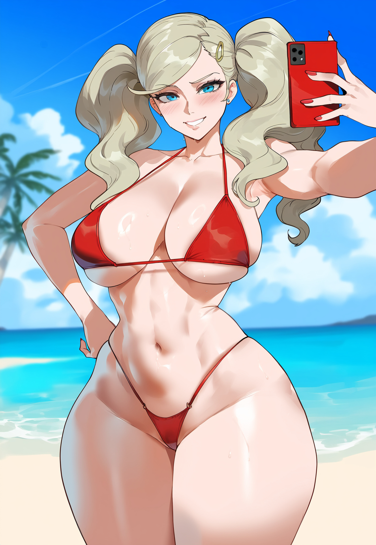1girls, ai generated, ann takamaki, beach, bikini, blonde hair, blue eyes, breasts, cleavage, creamy ai, curvy, female, highleg panties, holding phone, large breasts, midriff, narrow waist, navel, persona, persona 5, red bikini, solo, thick thighs, wide hips
