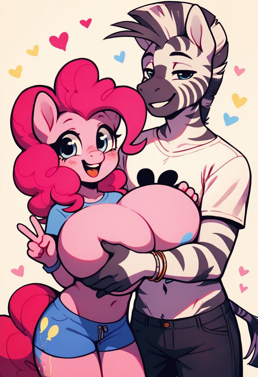 1boy 1boy1girl 1girls ai_generated anthro anthro_only anthrofied blue_eyes blush breast_grab breasts cleavage equid equine female friendship_is_magic furry furry_only happy hasbro heart_symbol huge_breasts lowres male my_little_pony paradoxa peace_sign pink_body pink_hair pinkie_pie_(mlp) simple_background smile thighs tongue white_background zebra zebra_(male)_(mlp) zebradom