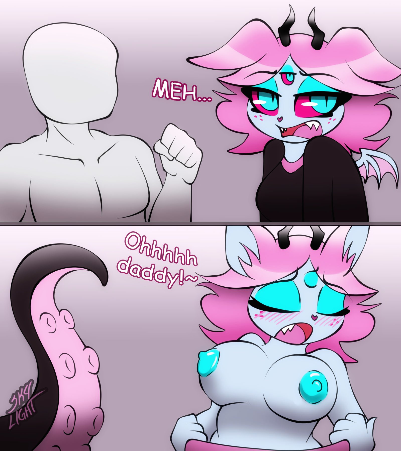 1boy, 1girls, 3 eyes, anthro, big breasts, blue body, blush, breasts, closed eyes, consensual tentacles, consentacles, demon, dialogue, emberlynn pinkle, emberlynn pinkle (demon form), english, english text, female, female focus, freckles, furry, grey body, helluva boss, horns, male, meme, multi eye, muscular, muscular male, open mouth, pink hair, skylight (artist), tentacle, undressing, vivienne medrano