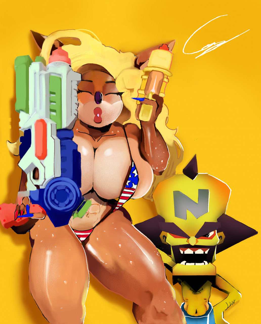 1boy 1girls bikini crash_(series) doctor_neo_cortex half_naked interspecies large_breasts neo_cortex sling_bikini smaller_male straight tawna_bandicoot wink yellow_body