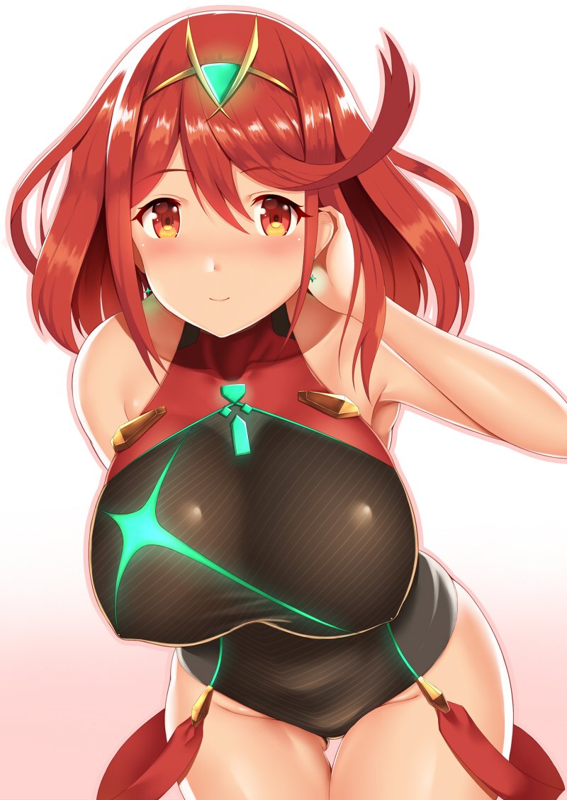 1girls, bangs, black swimsuit, breasts, competition swimsuit, covered navel, earrings, female, fingerless gloves, gloves, headpiece, jewelry, large breasts, looking at viewer, nintendo, nipple bulge, one-piece swimsuit, pyra, red eyes, red hair, short hair, sidelocks, simple background, solo, swept bangs, swimsuit, tiara, white background, xenoblade (series), xenoblade chronicles 2, zukky