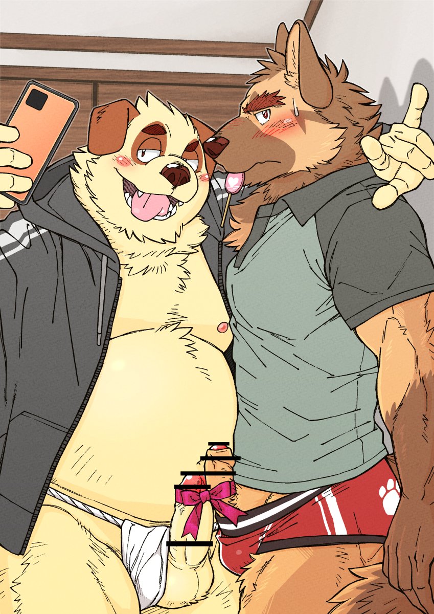 2021 2boys anthro asian_clothing balls blush canid canine canis clothing domestic_dog duo east_asian_clothing erection fundoshi gay genitals hi_res hoodie humanoid_genitalia humanoid_hands humanoid_penis japanese_clothing kemono male male/male male_only mammal overweight overweight_male penis phone ryuta-h shirt tongue tongue_out topwear underwear yaoi