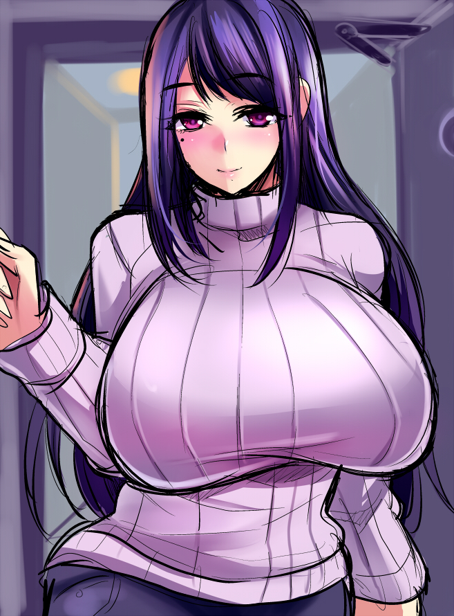 1girls, blush, breasts, female, female focus, huge breasts, long hair, mole, nishida megane, original, pants, purple eyes, purple hair, sagging breasts, solo, standing, sweater, turtleneck