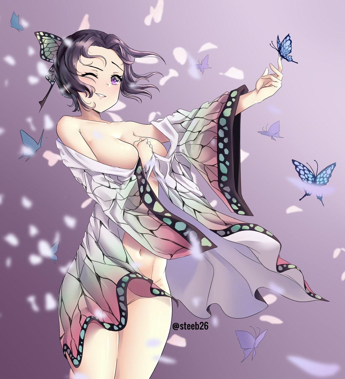 1girls, belly, big breasts, breasts, butterfly, butterfly hair ornament, butterfly wings, cape, convenient censoring, demon slayer, female, female only, haori, kimetsu no yaiba, kochou shinobu, nude, purple hair, purple-haired female, solo, steeb, thighs, wardrobe malfunction