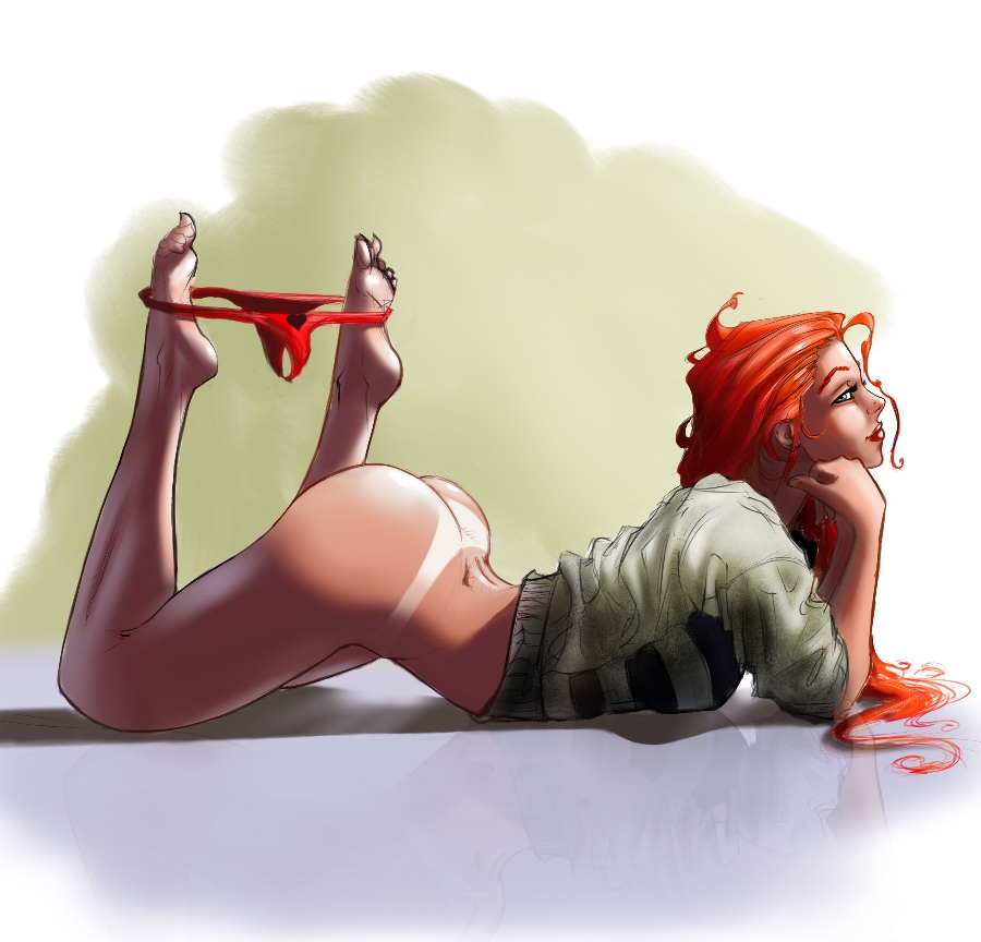 1girls, ass, barefoot, big ass, bottomless, bubble ass, curvaceous, curvy, feet, female, female only, green eyes, hand on face, hips, huge ass, huge butt, lipstick, long hair, looking at viewer, no panties, on stomach, panties around feet, panties around leg, panties down, red hair, red lips, red panties, redhead, shirt, solo, solo female, tanline, thick thighs, toes, waveloop, wide hips