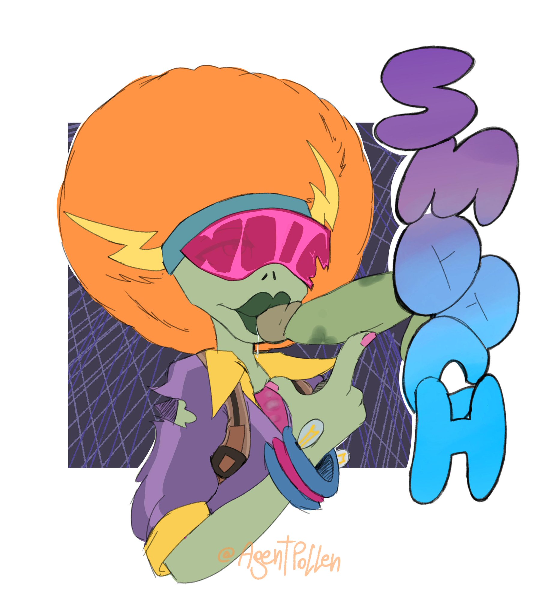 1boy, 1girls, afro, agentpollen, balls, big hair, big lips, big penis, bracelet, duo, electric slide (pvz), english text, eyewear, fellatio, female, glasses, green lips, green skin, jacket, lipstick, male, nail polish, oral, orange hair, penis, penis kiss, pink nails, plants vs zombies, plants vs zombies: battle for neighborville, plants vs zombies: garden warfare, precum, signature, solo focus, sound effects, straight, sunglasses, text, torn clothes, unseen male face, zombie, zombie (pvz), zombie girl