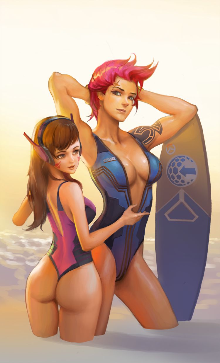 2d, 2girls, ass, blizzard entertainment, breasts, brown hair, cleavage, curvaceous, curvy, cute, d.va, female, hips, li molly, long hair, multiple females, multiple girls, overwatch, pink hair, pink suit, short hair, surfboard, swimsuit, thick, thighs, water, wide hips, zarya