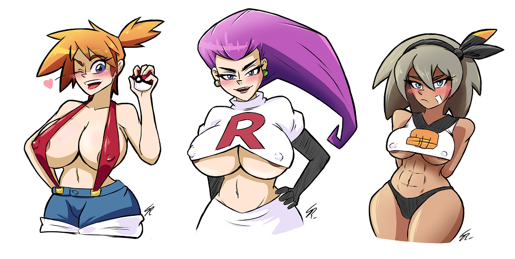 3girls abs agitowolf_(artist) alternate_breast_size bea_(pokemon) big_breasts blush breasts brown-skinned_female brown_hair brown_skin dark_skin eye_contact female female_only huge_breasts human human_only jessie_(pokemon) kasumi_(pokemon) looking_at_viewer multiple_girls nintendo pokemon pokemon_rgby pokemon_ss purple_hair red_hair shirt shorts skirt thick_thighs underboob wide_hips