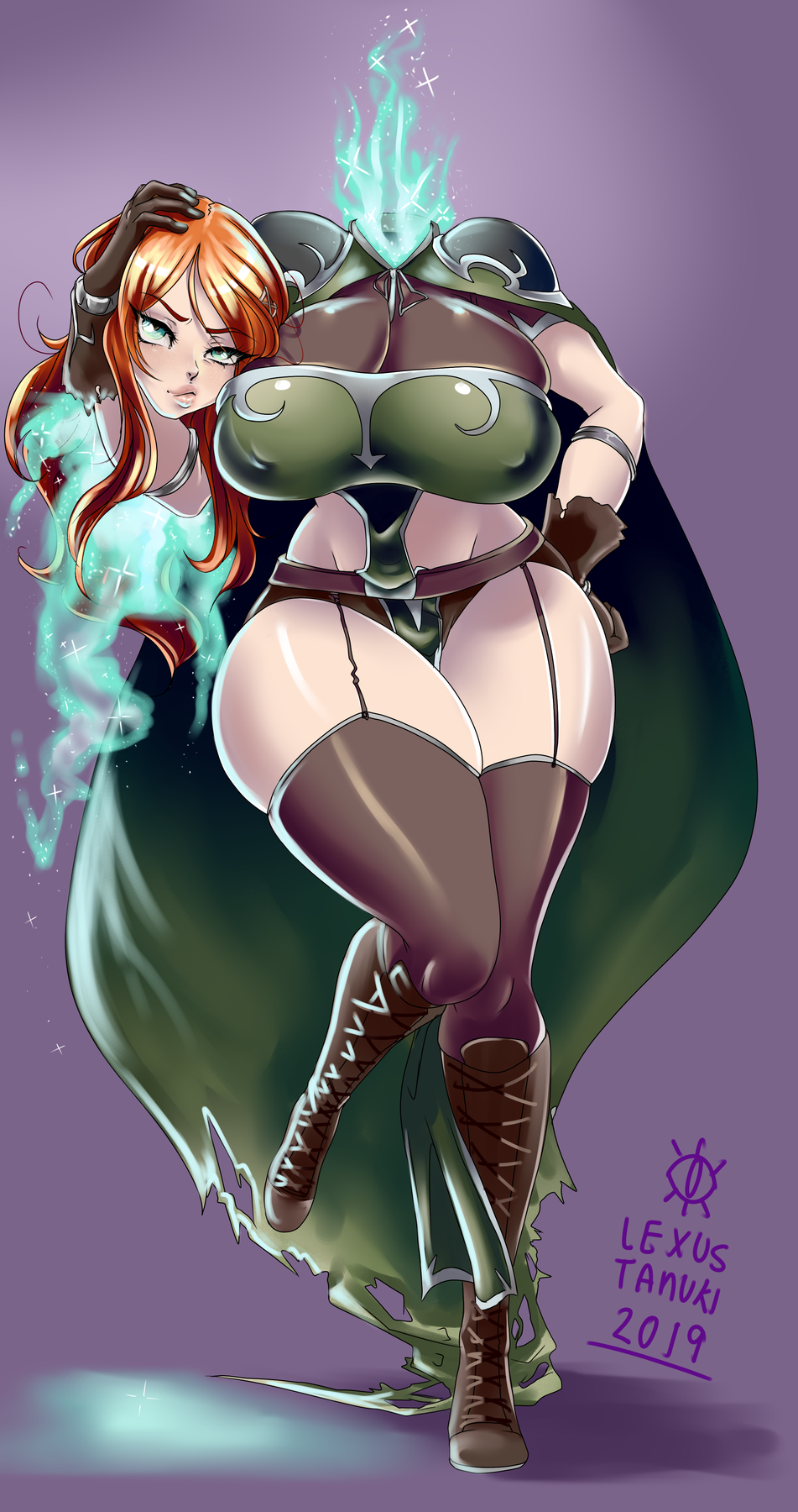 big_breasts dullahan eibhlin female female_only hips lexustanuki red_hair solo thick_thighs thighhighs