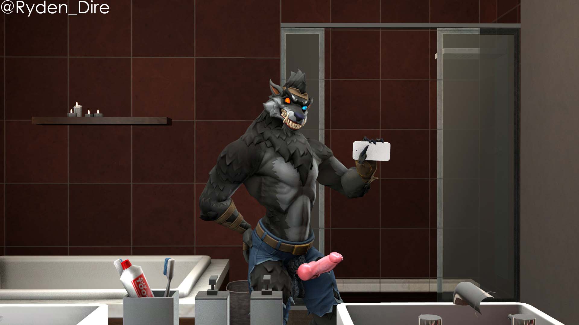 16:9 2019 3d animal_genitalia animal_penis anthro bathroom canid canine canis cellphone clothed clothing dire_(fortnite) epic_games erection fortnite fur hair hi_res holding_object male male_only mammal penis phone ryden_dire smile tagme video_games were werecanid werecanine werewolf wolf