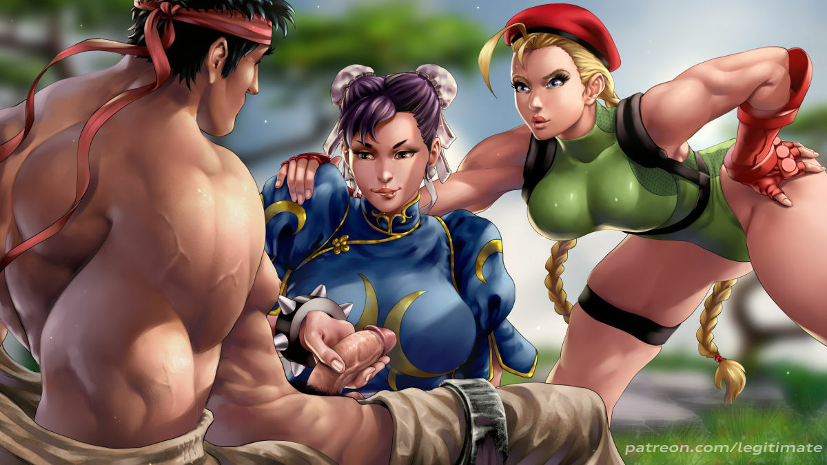1boy, 2girls, asian, black hair, blonde hair, bracelet, breasts, cammy white, capcom, chun-li, clothing, coffeebeanbrush, female, flaccid, gloves, hair, interracial, leotard, long hair, male, multiple females, multiple girls, penis, penis grab, ryu (street fighter), spiked bracelet, straight, street fighter, thighs, video games